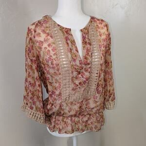 Black Rainn Floral Lace Boho Chic Blouse Romantic Peasant Top | Small